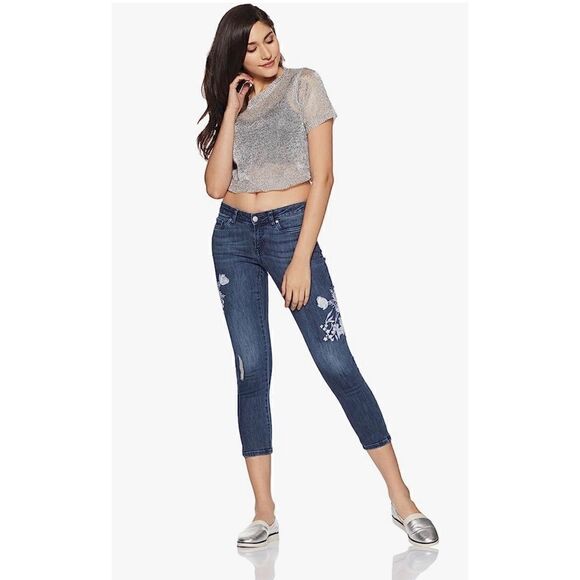 VERO MODA Blue Slim Fit Low-Rise Mildly Distressed Embroidered Cropped Jeans - Picture 1 of 16